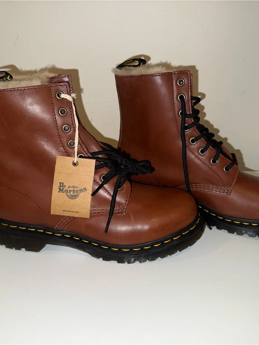Dr. Martens Brown Leather Lace-Up Boots with Cream Shearling Collar - Picture 2 of 4